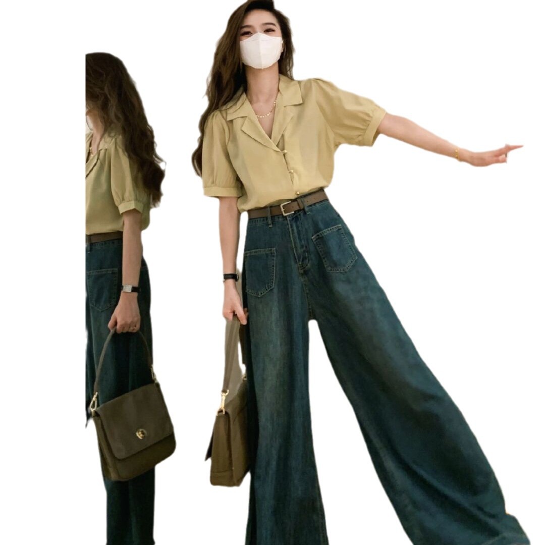 넓은 다리 청바지 여성의 봄과 가을 2025 새로운 디자인 센스 틈새 높은 허리 느슨한 스트레이트 다리 바지 긴 아들