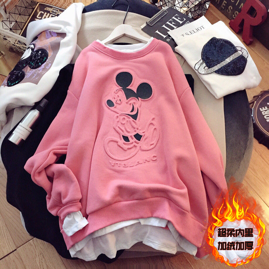 2020韓版新款加絨加厚保暖寬松假兩件秋冬衛衣女卡通簡約bf外套潮