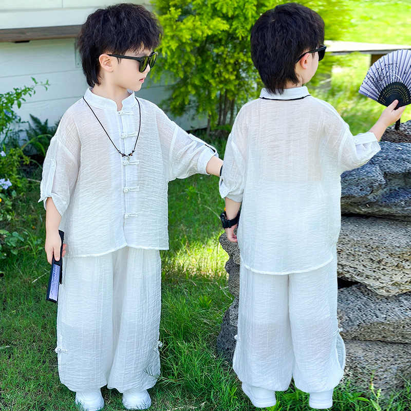 男の子の夏スーツ子供唐装漢服 2025 新しいレトロな新しい中国風のボタンシャツ小中型子供服|undefined