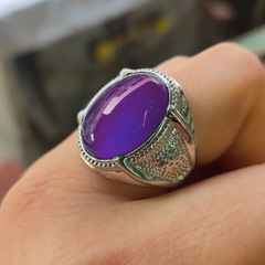Cross-border European and American-style synthetic amethyst bud-shaped irregular handcrafted ring with adjustable white-gold-plated Lucky Character pattern