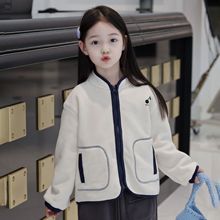 现货儿童休闲柔软樱桃拼接外套秋冬新款双面抗静电奥粒绒女孩夹克