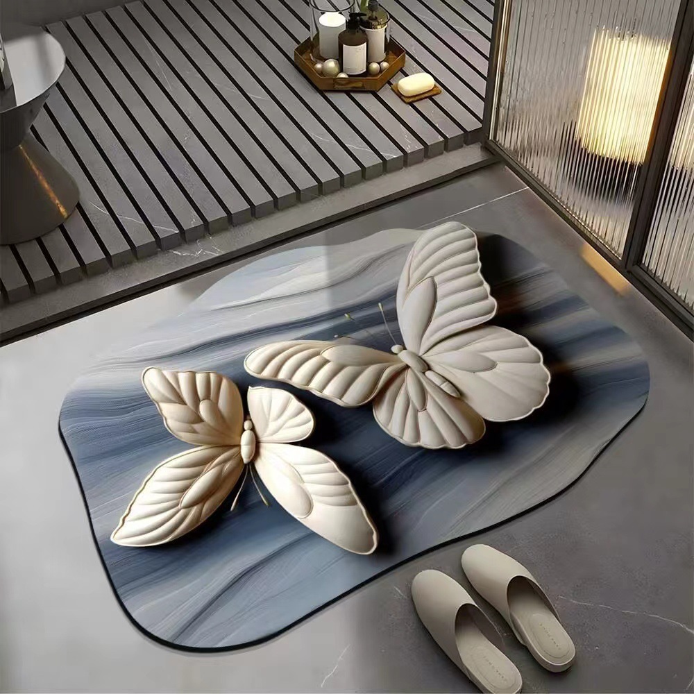 Visual 3D Flower Butterfly Diatom Mud Floor Mat Home Bathroom Non-Slip Absorbent Foot Mat Entrance Easy Care Foot Mat