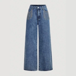 欧美外贸TK爆款女裤高腰重工时尚水钻设计长款牛仔裤Women Jeans