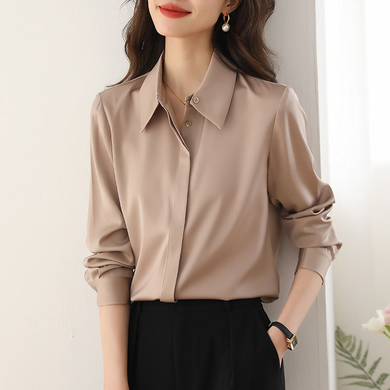 Authentic Women's Spring New Shirts with High-End Design, Elegant Temperament, Versatile Lapel Professional Long-Sleeved Shirts