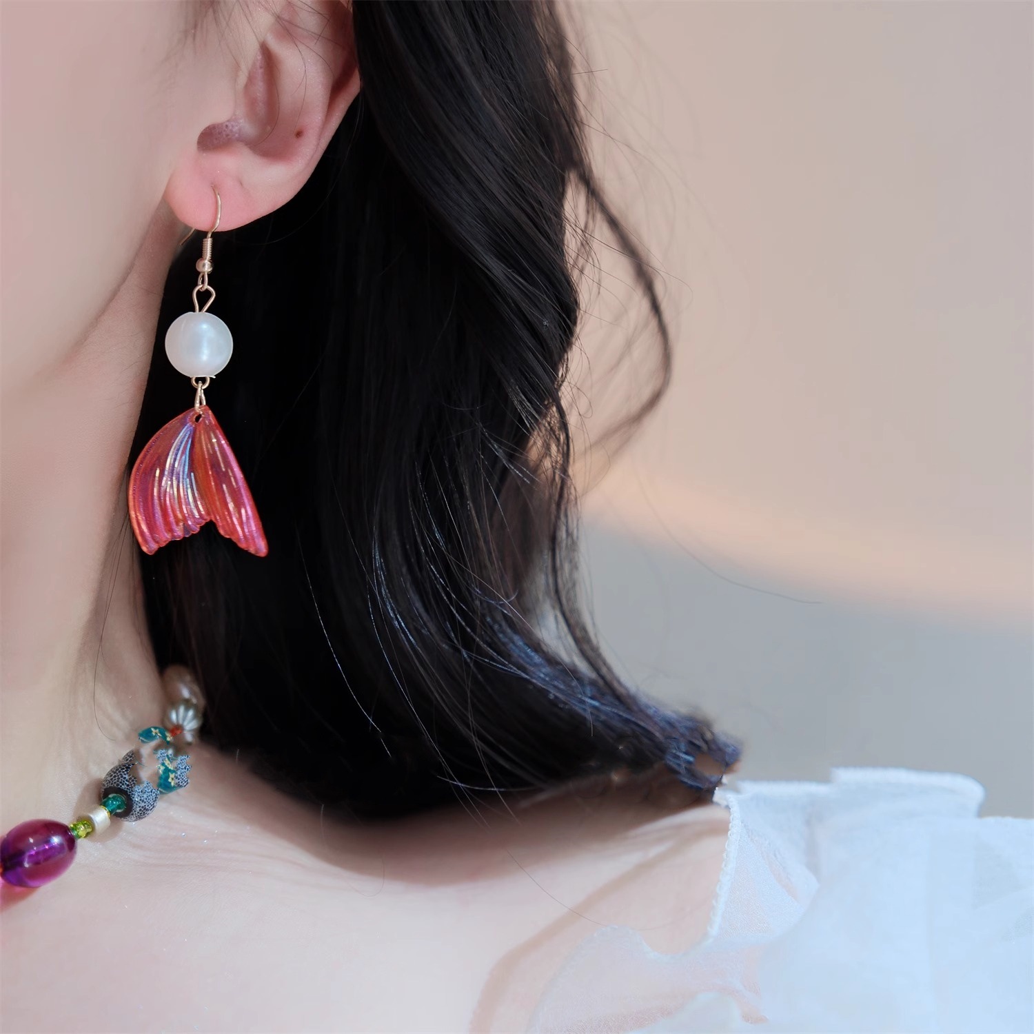 Purple Mermaid Princess Pearl Long Stud Earrings Sterling Silver_voghion.com
