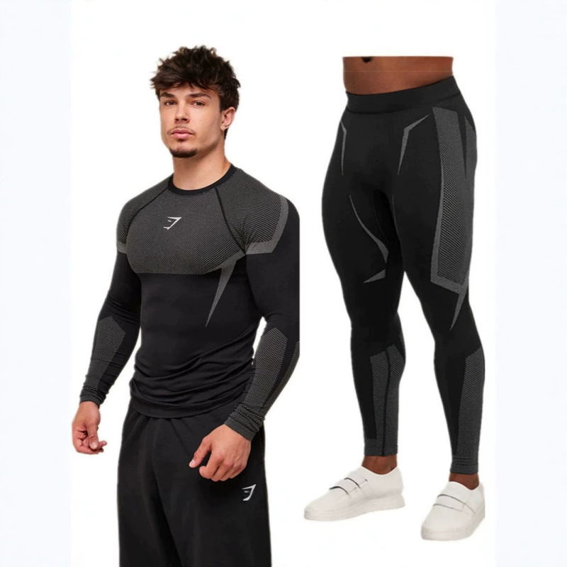 Gymshark Cross-Border New Men's Fitness Long-Sleeve Long Pants Gym Muscle-Type Men's Training Sweat-Absorbent Breathable Set