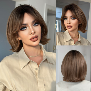 Wig Women's Full Head Cover Brown Short Hair Layers Deducted Age-reducing Wave Head Air Bangs Korean Age-reducing Short Curly Hair