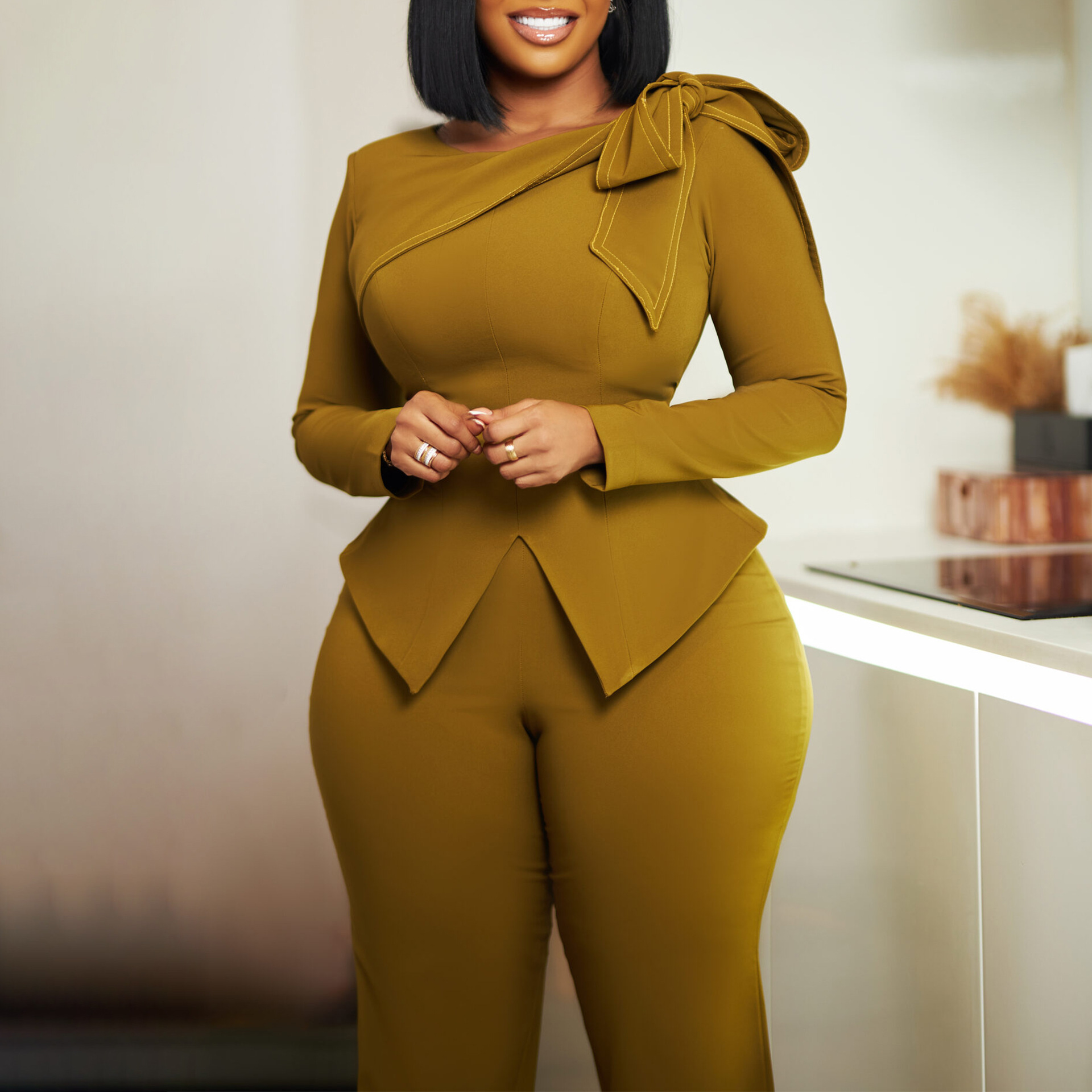 Women's Pant Sets Solid Colour Long Sleeve Co-ord Two Piece Outfit_voghion.com