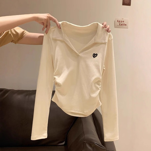 Women's Shoulder Polo Neck Printed Long-Sleeved Base Shirt with Early Autumn Sweet Spice Girl Pleated Waist Slim-Fit Short Top