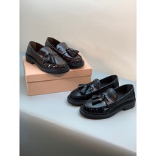 外贸原单miu家真皮厚底流苏乐福鞋女英伦风小皮鞋平底一脚蹬单鞋