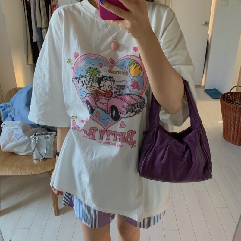 Cross-Border Foreign Trade In-Stock Pure Cotton Fun Betty Cartoon Heart Print Round Neck Short-Sleeve T-Shirt, Relaxed Loose Fit, Plus Size