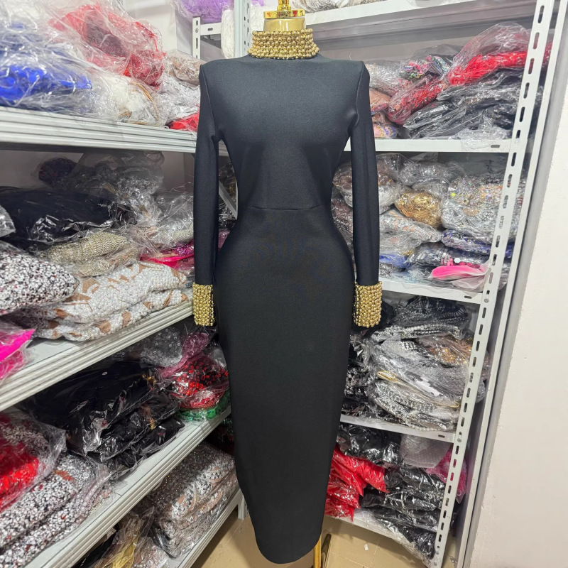 French-Style Light Luxury Gold Beaded Backless Black Bandage Dress, Elegant Ladylike Style, Slim-Fit Long-Sleeve Evening Gown French-Style Light Luxury Gold Beaded Backless Black Bandage Dress, Elegant Ladylike Style, Slim-Fit Long-Sleeve Evening Gown