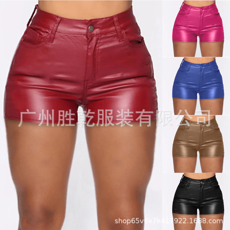 Cross-Border Export European and American Large Size Popular Pu Leather Pants Amazon Fashion Sexy High-Waisted Pure Color Tight Hip Shorts