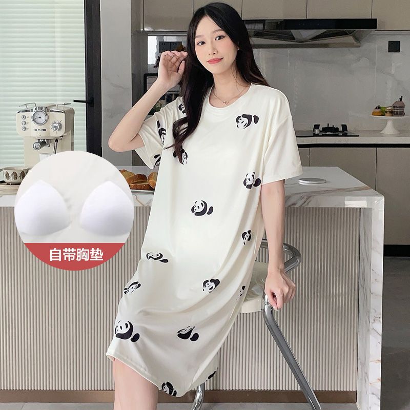 Venta al por mayor transfronteriza verano nuevo pijama mujer imitación algodón cinturón cojín en el pecho impresión de dibujos animados gran tamaño camisón de manga corta mujeres pueden usar