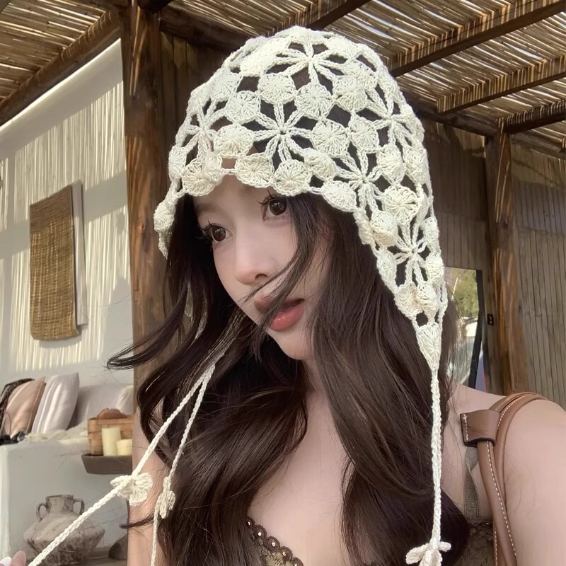 【Photo Shoot】Hollow Flower Tassel Turban Women's Pendant Headwear Thin Handmade Knitted Slouchy Hat