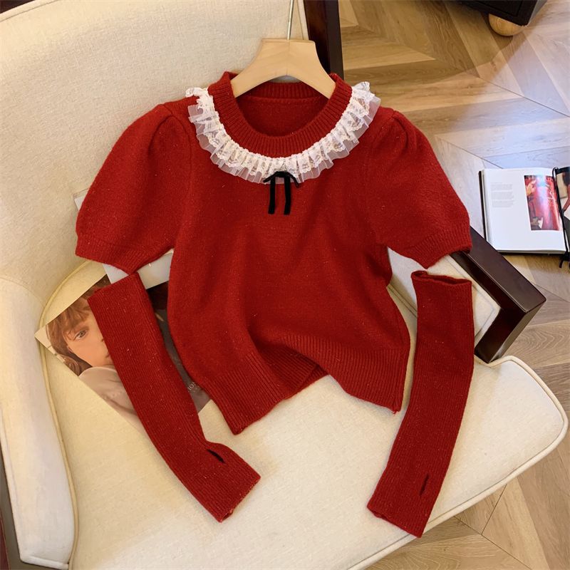 High end wool women's autumn and winter new red sweater with detachable cut sleeves, knitted base sweater, trendy top_voghion.com