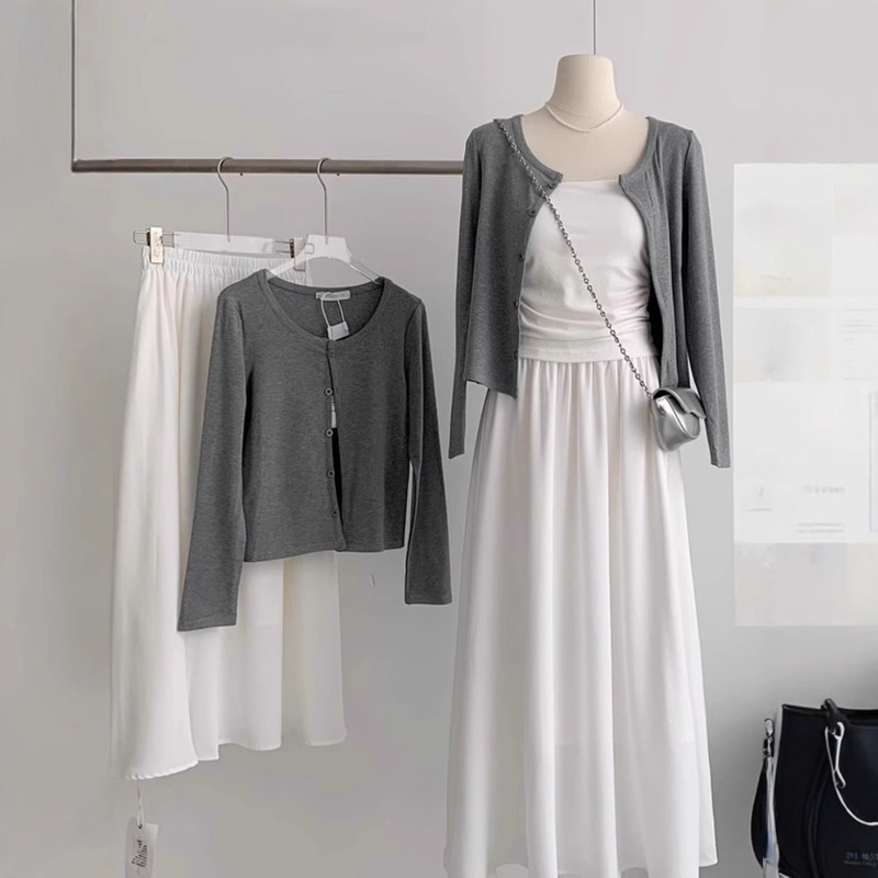 Gray Knitted Cardigan Paired with a Thin Camisole Jacket, 2025 Early Spring Two-Piece Set, Summer Sun-Protective Outerwear Gray Knitted Cardigan Paired with a Thin Camisole Jacket, 2025 Early Spring Two-Piece Set, Summer Sun-Protective Outerwear