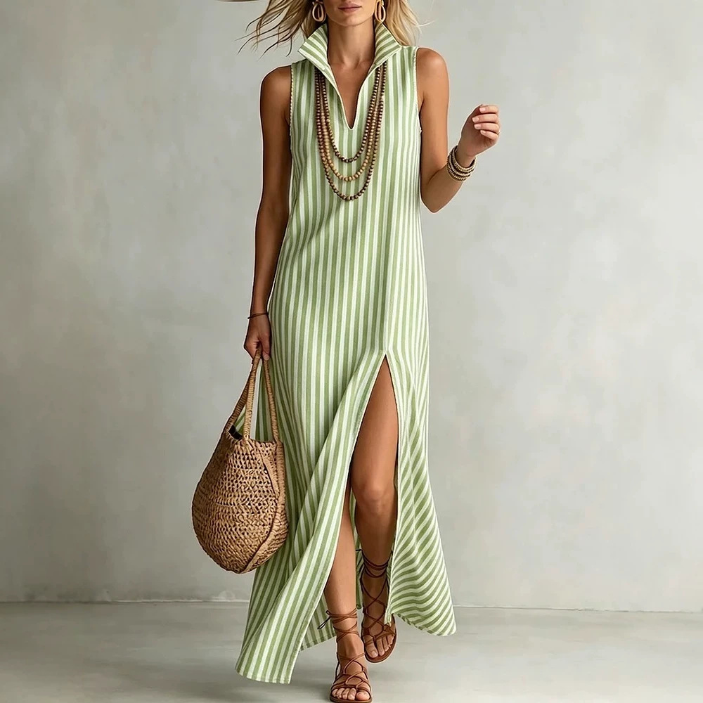 Women's Clothing Striped Stand Up Collar Sleeveless Slit Maxi Dress Women's For Formal & Casual For Women Printed V Neck_ecoleips.com
