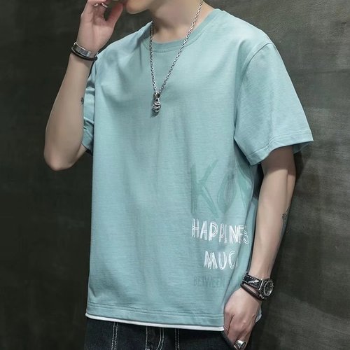 Trendy short-sleeved T-shirt men's summer new trendy loose half-sleeved T-shirt round neck versatile fake two-piece top