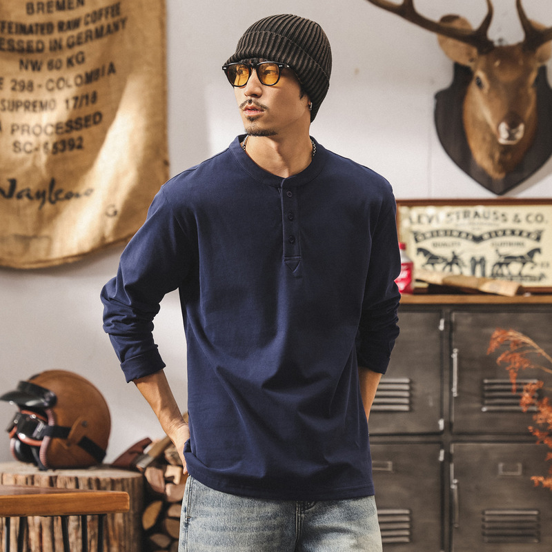 American Retro Brushed Soft Henley Collar Polo Shirt for Men, New Long-Sleeve T-Shirt for Men, Spring and Autumn Loose Top, Trendy Men's T-Shirt