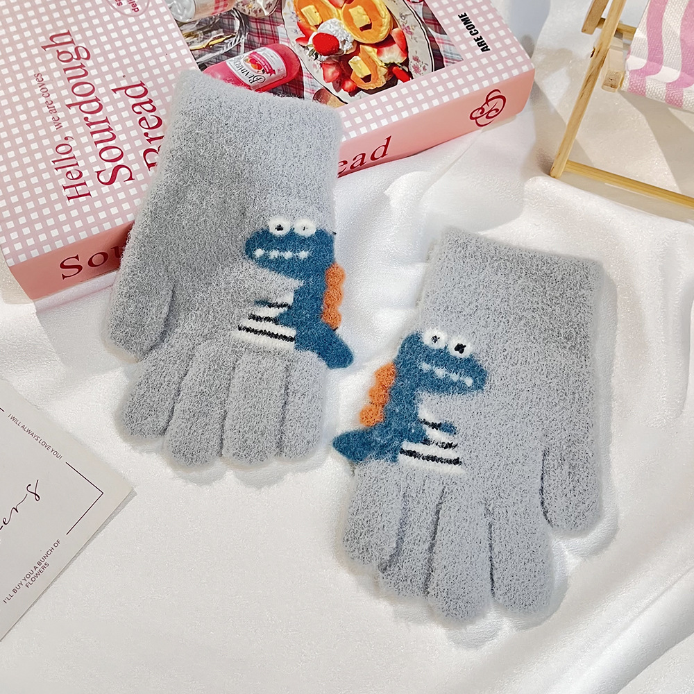 Impresión de dibujos animados coreanos dinosaurios guantes de niños lindos ociosos tejidos gruesos flip-up escritura guantes de cinco dedos