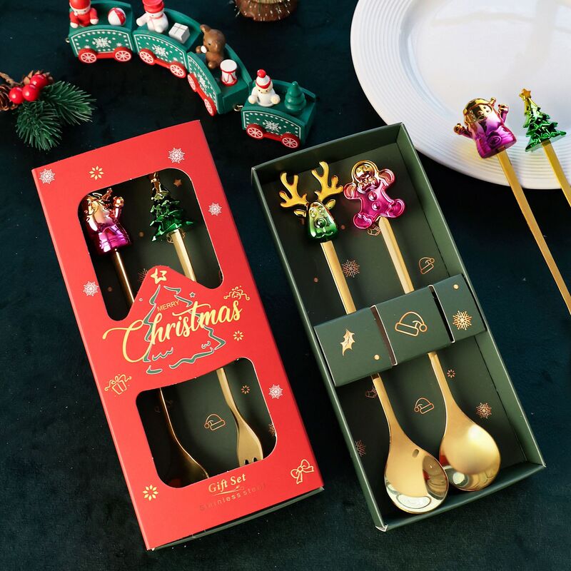 Color Christmas Tableware Spoon suit Coffee Spoon Creative Spoon Fork Christmas Gift Ice Cream Dessert Fork Spoon