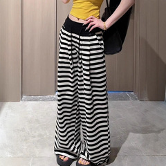 美式黑白条纹运动裤女2025夏季新款高腰显瘦松弛感休闲阔腿拖地裤