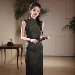2025春夏新款无袖仿醋酸提花印花长款旗袍复古修身气质女旗袍现货