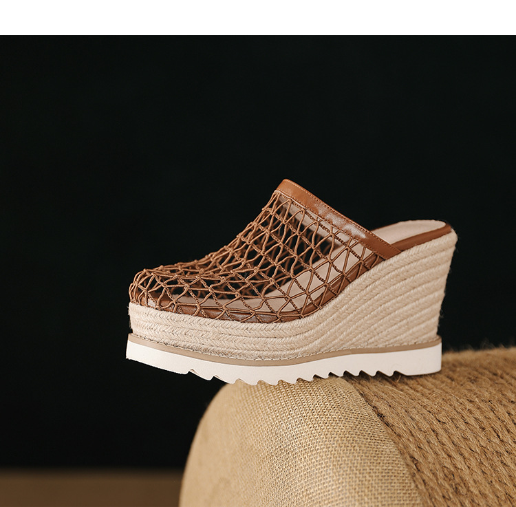 Dép sandal nữ bít mũi đế xuồng cao gót 9 cm phong cách biển — màu nâu, màu đen, màu mơ chi tiết 20