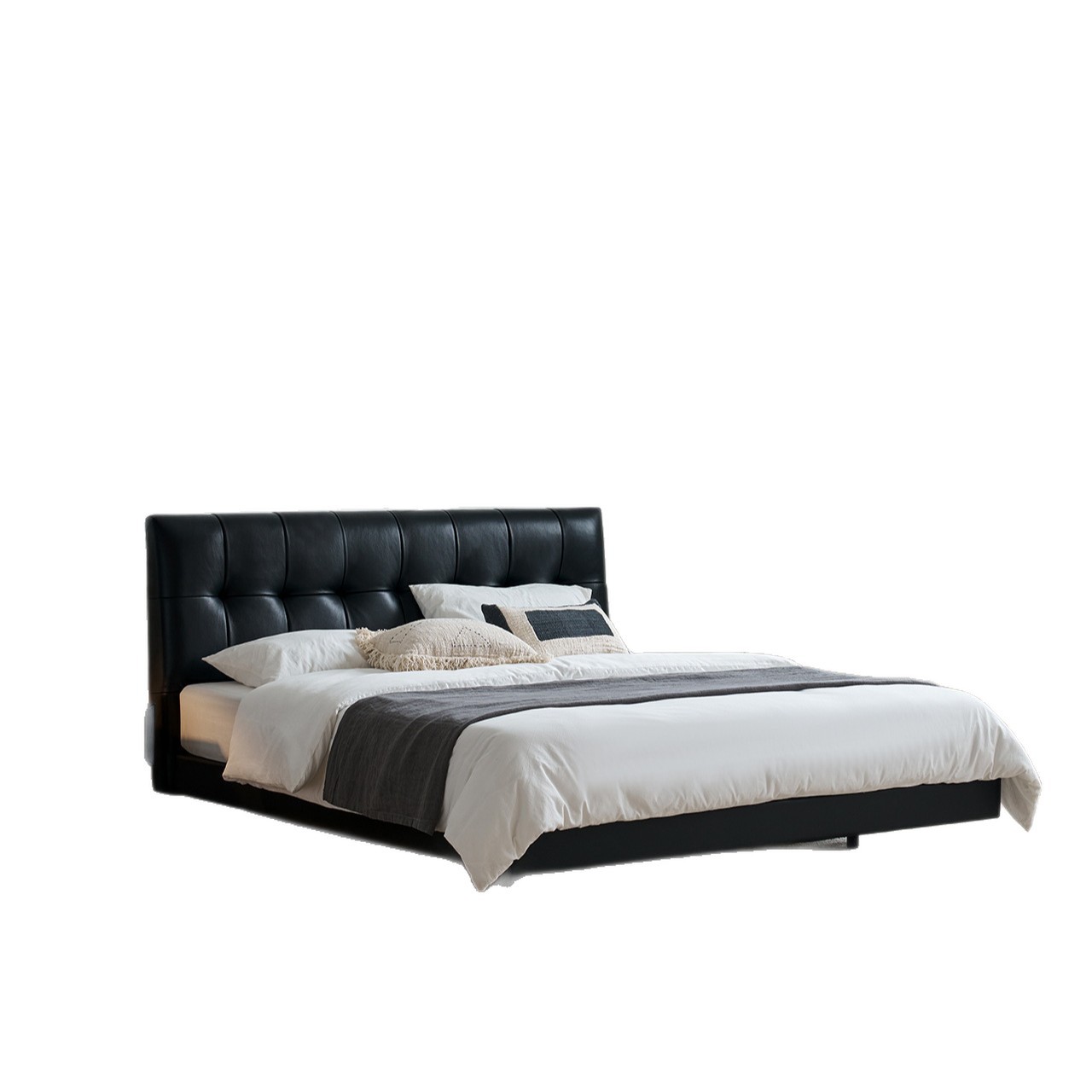 Cama de cuero cuadrada negra, cama flotante de estilo antiguo, cama doble de estilo retro. image 5
