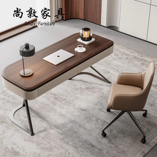 High-End Retro Solid Wood Desk Modern Minimalist Home Study Desk Walnut Veneer Saddle Leather Computer Desk