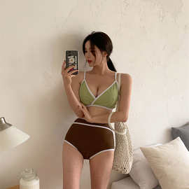 韩版新款分体泳衣女双色高腰遮肚显瘦时尚聚拢小胸海边度假泳装女