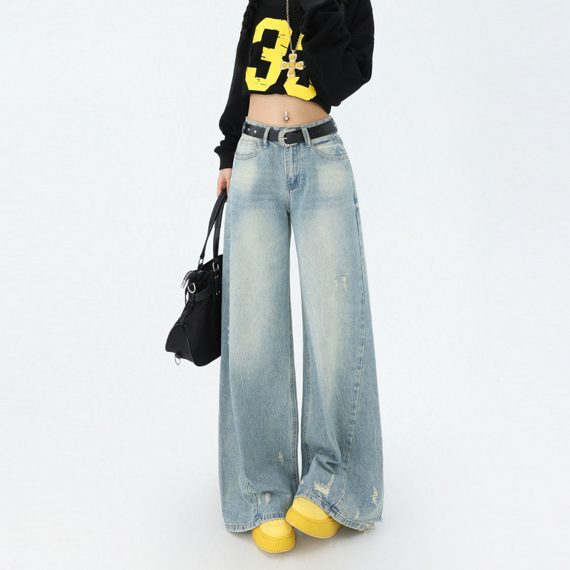 2024 Autumn and Winter New American Style Low Waist Wide Leg Flared Jeans Women's Loose Slimming Ripped Wide Leg Flared Pants