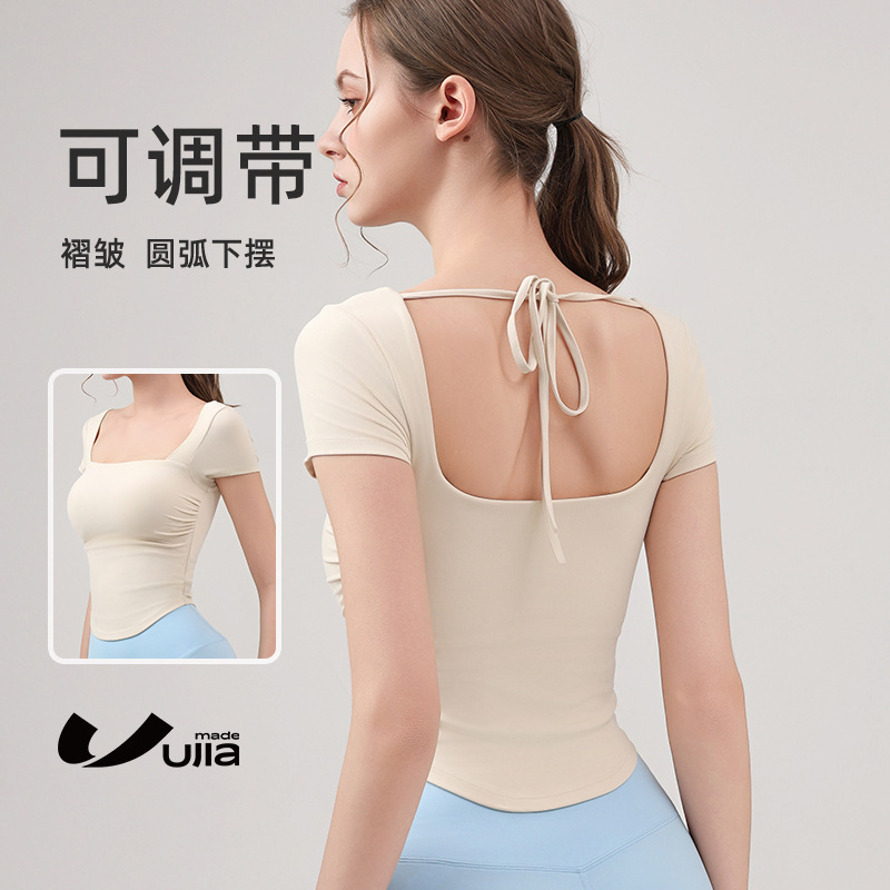 Elegant Lace-Up Yoga Wear Short-Sleeved Tops for Women with Chest Pads Sports T-Shirts Summer Elastic Tight Pilates Fitness Wear