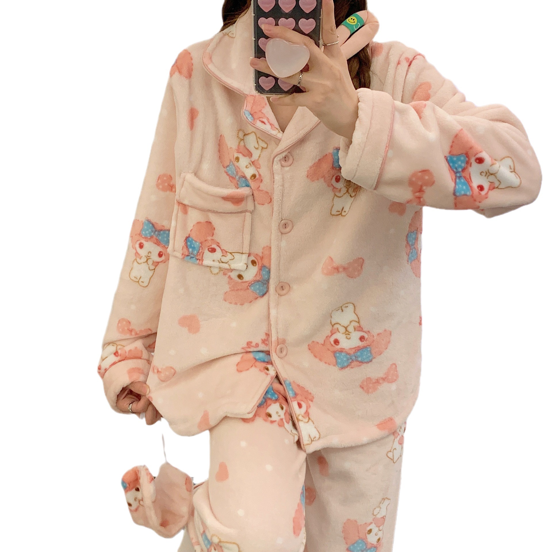 2023 nuevos pijamas de las mujeres la solapa franela otoño y el invierno cardigan manga larga enviar máscara ojo dibujos animados cálido desgaste casero traje