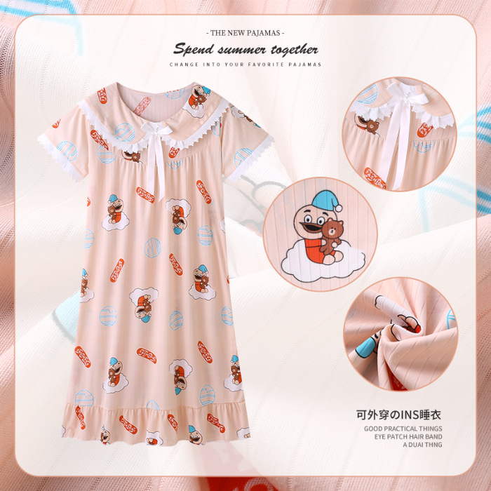 Pijama de niñas verano delgado falda de mangas cortas adorable madre e hija princesa viento pijama infantil bebé ropa para el hogar
