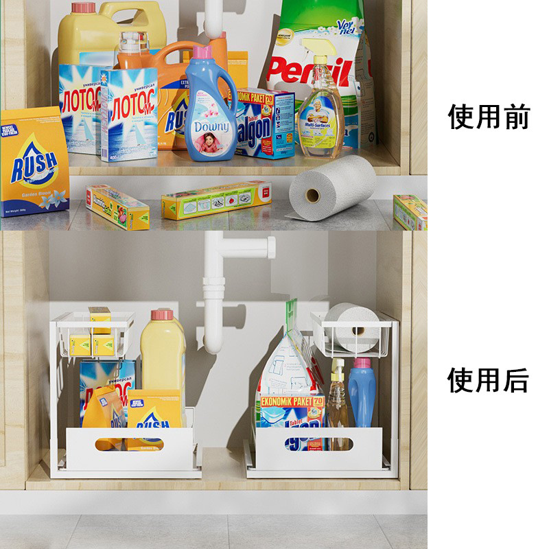 下水槽储物收纳架厨房橱柜置物架篮整理架子抽拉式抽屉可拆装跨境|undefined