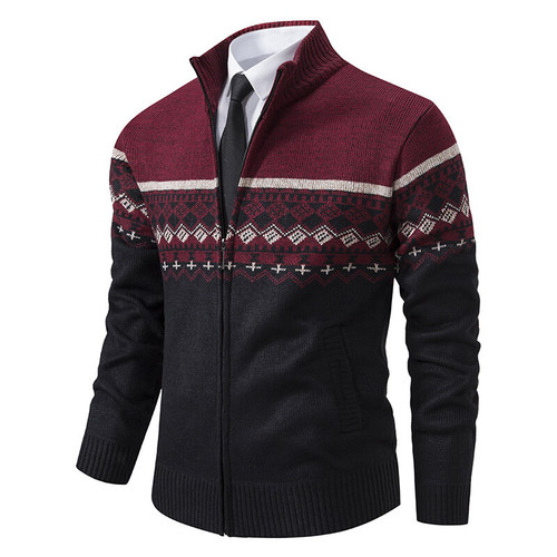 Men's Special Supply Fleece-lined Thick Knit Sweater Winter New Upright Collar Color-blocked Loose Cardigan Sweater Wholesale