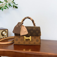 新款秋季大容量老花手提包小方包H扣百搭质感单肩斜挎包小包包