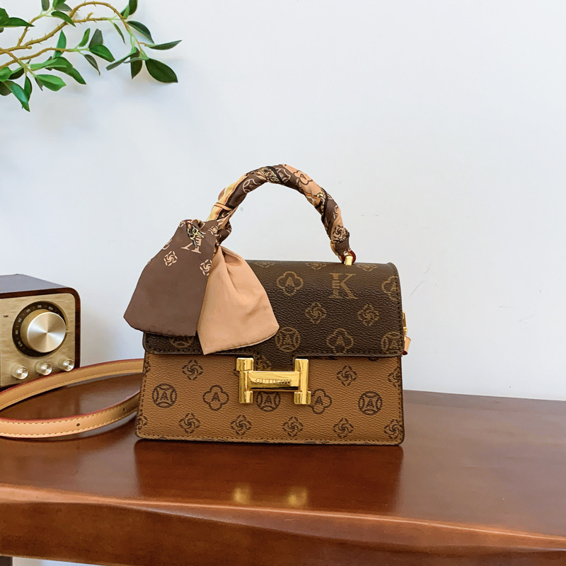 新款秋季大容量老花手提包小方包H扣百搭质感单肩斜挎包小包包