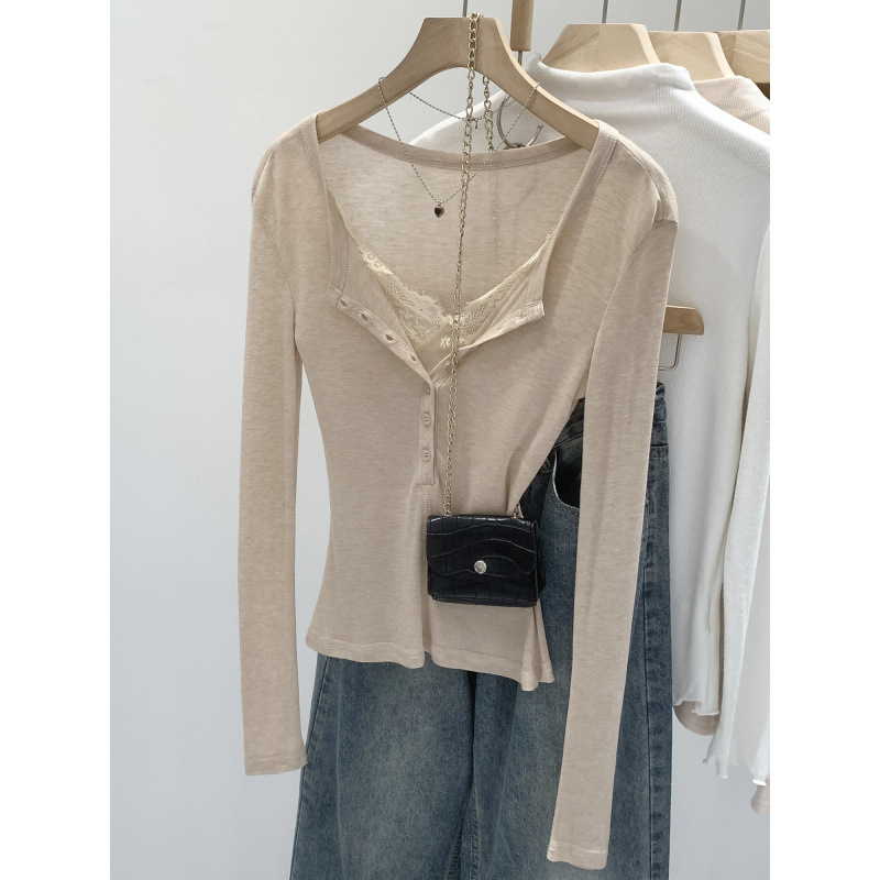 Korean-Style Ins-Style Faux Two-Piece Lace Button Round-Neck Long-Sleeve T-Shirt for Women, Summer 2026 New Design Top Korean-Style Ins-Style Faux Two-Piece Lace Button Round-Neck Long-Sleeve T-Shirt for Women, Summer 2026 New Design Top