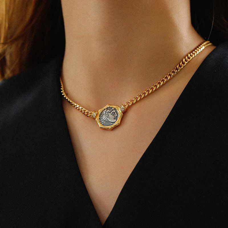 Collana con catena a moneta in argento, stile minimalista e retrò, perfetta per donne, ispirata alla moda europea e americana. Stile retrò._voghion.com