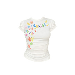 【210グラム40本精綿1*1】正肩白色半袖tシャツ女高街落書きプリント半袖上着