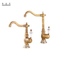 法式复古水龙头全铜面盆洗手盆龙头古典浴室金色陶瓷把手冷热水头