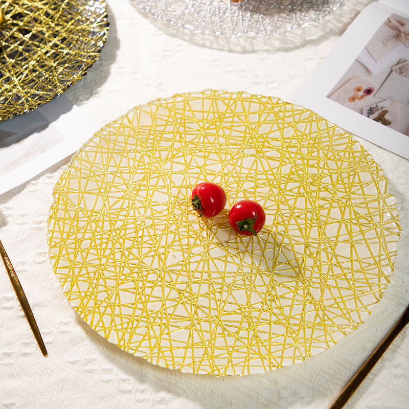 Art Glass Plate European and American Wedding Western Food Plate Replacement Plate Gold Line White Chassis 13 Inch Fruit Plate Home Decoration Plate