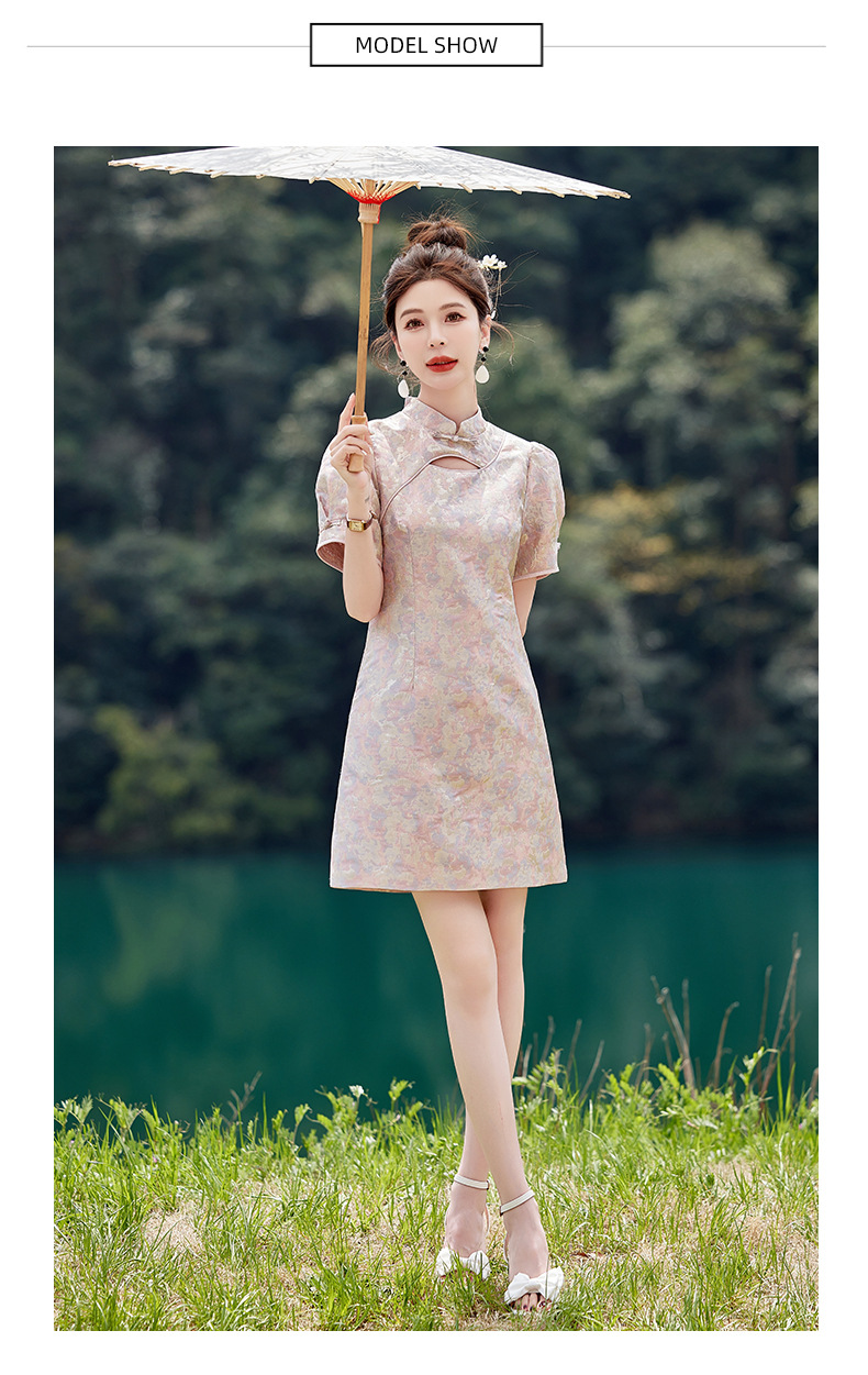 Váy maxi nữ phong cách Trung Quốc mới, cổ đứng cúc bọc, dáng dài vừa phải, thanh lịch thời trang — Màu xanh lam, Màu hồng chi tiết 11