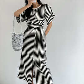 实拍 现货韩国法式复古收腰显瘦氛围感气质时尚系带条纹连衣裙