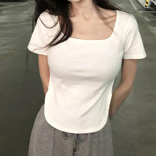 Summer Pure Desire Style Large U-Neck Spicy Girl's Top Slimming Fitting Irregular Short-Sleeve T-Shirt for Women