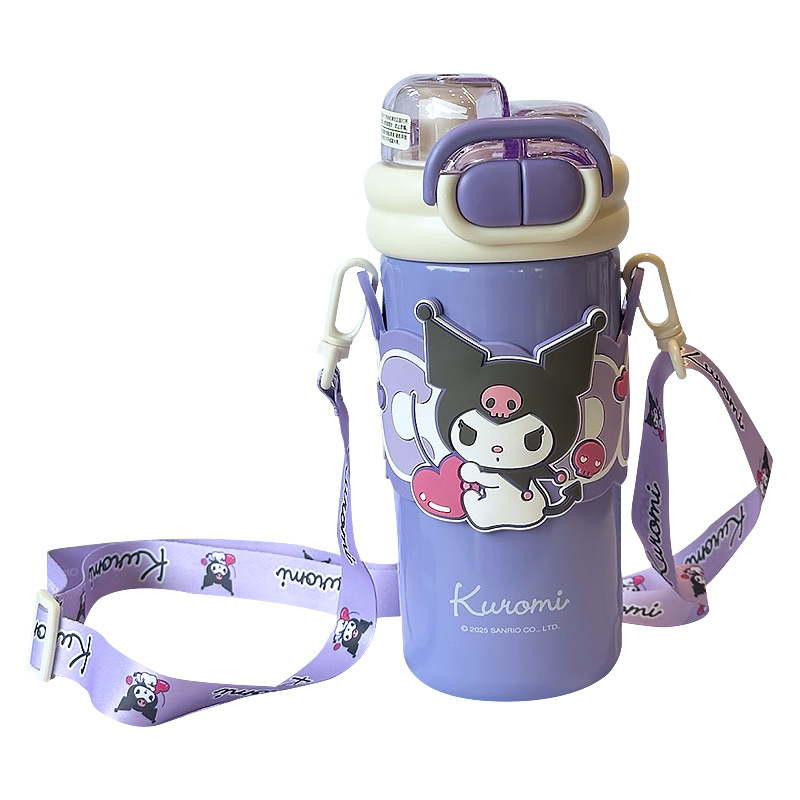 Termo Kuromi 316 de aspecto elegante, taza doble para beber, para estudiantes y niños, taza especial para la escuela, portátil con pajita.