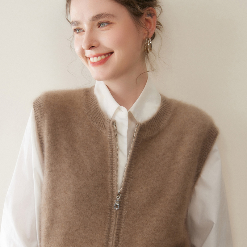 Soft and Waxy Double Zipper Cashmere Knitted Vest Autumn and Winter New Round Neck Vest Sleeveless Sweater Cardigan Vest